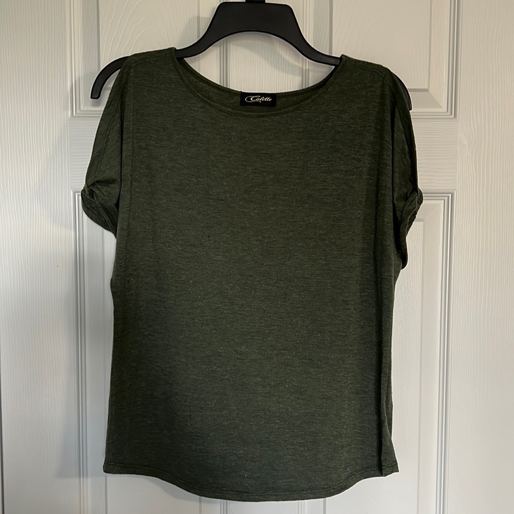 Cold Shoulder Knit Top- Olive Green-Womens Size XS